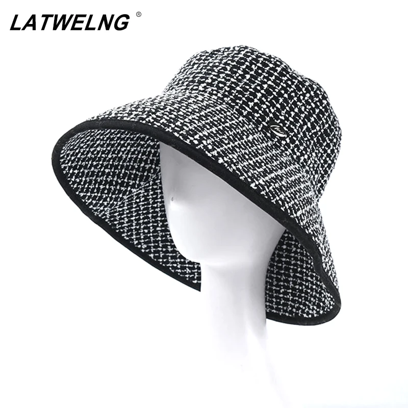 

Brand Designer Tweed Houndstooth Bucket Hats For Women Autumn Winter Sun UV Hat ladies Plaid Elegant Big Brim Caps Wholesale
