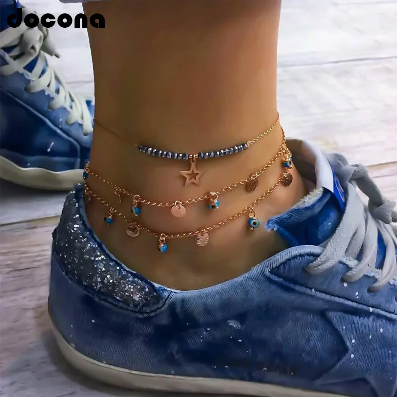 Docona Bohemian Colorful Beads Gold Chain Eye Star Coin Multiple Layers Anklets for Women Beach Party Bangle Foot Jewelry 7089
