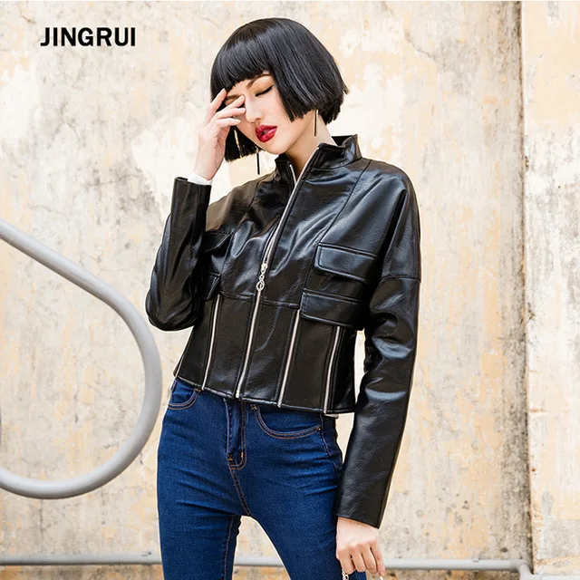 England locomotive style pure color short pu leather jackets female zipper stitching great quality leather jackets wq2508