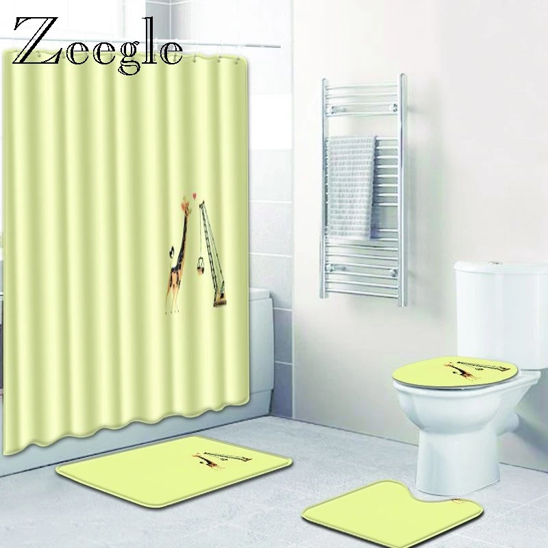 Zeegle Shower Curtain and Bath Mat Set Anti Slip Bathroom Carpets Absorbent Toilet Pedestal Rug Flannel Soft Foot Mat Toilet Set