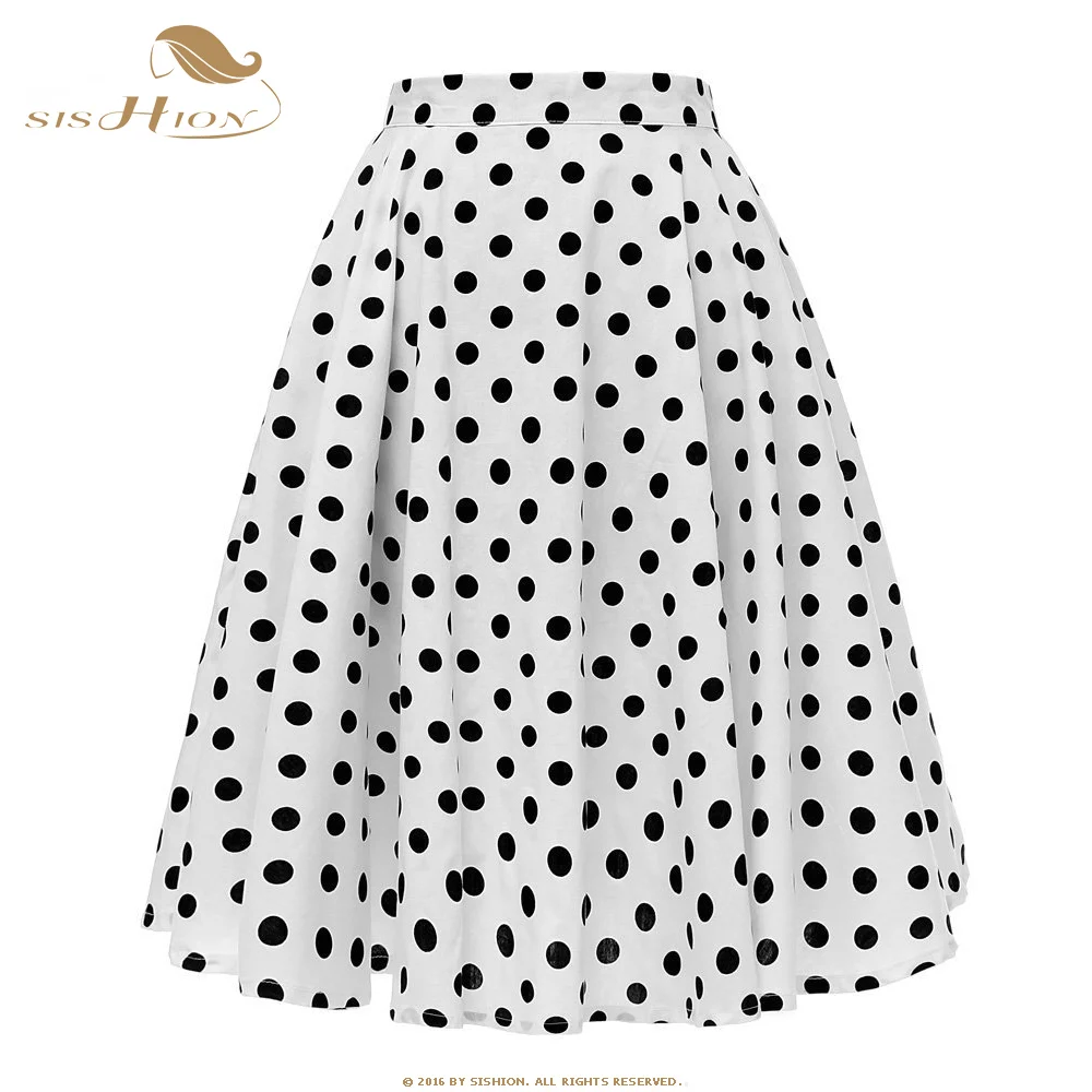 White dots SISHION, осенние женские юбки с высокой талией, хлопковые, в горошек, с цветочным рисунком, Свинг, на булавке, 50 s, Ретро стиль, винтажная юбка, jupe femme SP0677 - Цвет: White dots