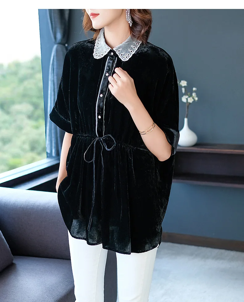 Топы больших размеров для женщин Осень Новая мода Питер Пэн воротник с коротким рукавом Пэчворк свободный бархатный черный топ женский