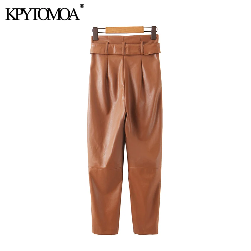 Tanie Vintage stylowy PU Faux Leather z pasek do spodni kobiet 2020 moda Paperbag wysokiej talii kieszenie kobiece spodnie do kostki Pantalones