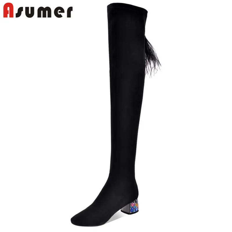 ASUMER/ г., Новое поступление, высокие сапоги до бедра женские элегантные вечерние туфли на прозрачном каблуке для выпускного вечера осенние модные обтягивающие женские сапоги