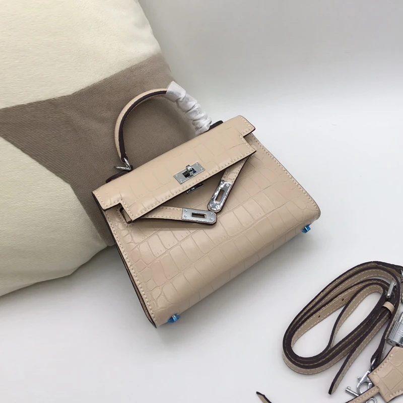 

Leather Mini 20cm Small Tote Shoulder Crossbody Ladies Bag Second Layer Cowhide Crocodile Pattern Silver Hardware