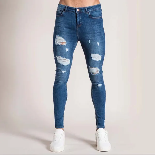 2021 New Men's Slim White Jeans Fashion Ripped Holes Skinny Destroyed Denim Pants Male Streetwear High quality Joggers Jeans Dark blue