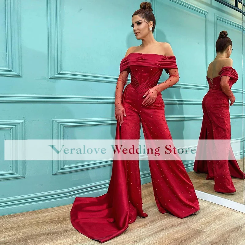 Luxurious Red Formal Women Pants Suit 2022 Satin Off Shoulder Without Sleeves Prom Party Second Reception Wear sage green prom dress