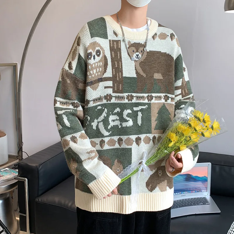 ZAZOMDE Winter Sweaters Men Casual Round Neck Bear Pattern Retro Mens Pullovers Hip Hop Couple Sweater High Street Pullover 2021