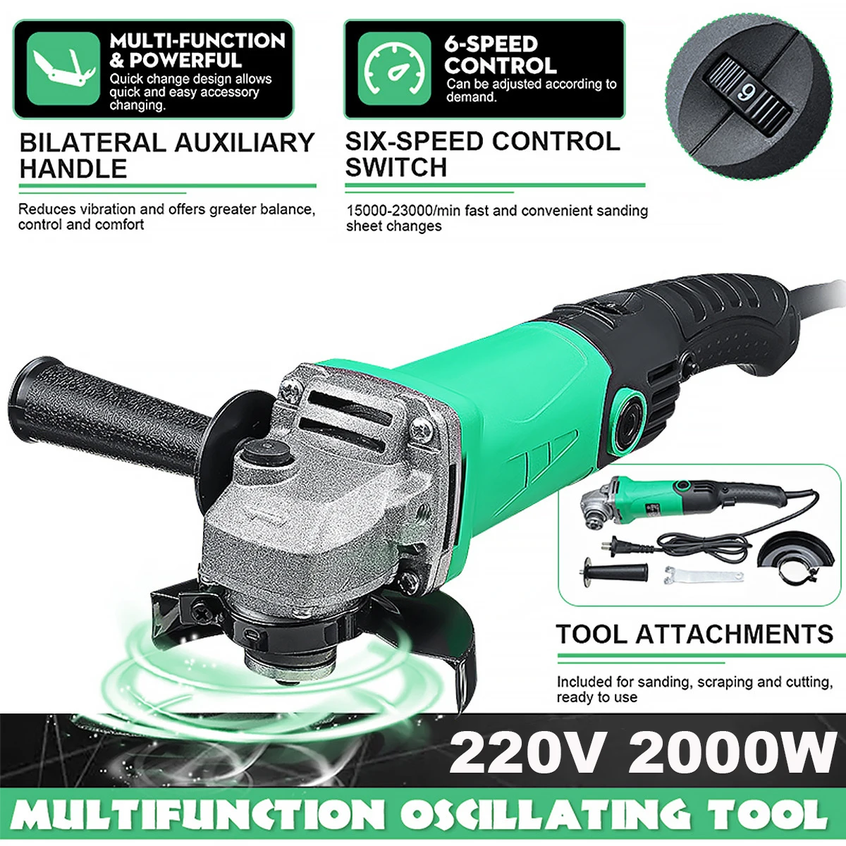 2000W 11000RPM Electric Angle Grinder 6 Speed Machine Cutting Grinding Metal Stone Power Tool Woodworking Carpentry Drillpro