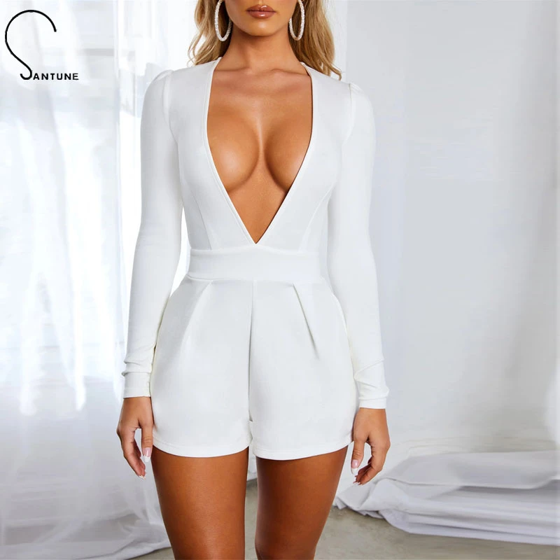 

Santune 2020 Summer Casual Sheath jumpsuit Women Deep V-Neck Solid Long Sleeve for Women Short jumpsuit Night Club Sexy Playsuit