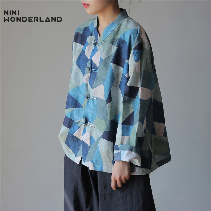 

NINI WONDERLAND 2019 Autumn Ramie Printing Vintage Shirts Classic Mandarin Collar Women Nation Style Casual Cardigan Tops Spring