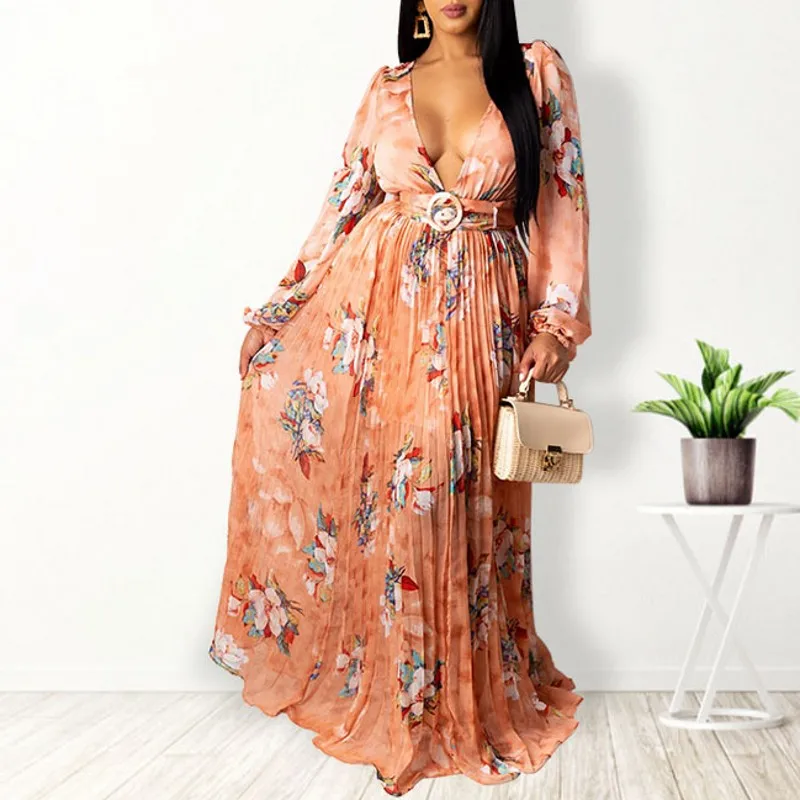 Long Sleeve Sexy Deep V-neck Print Pleated Dress Women Evening Party Club Wear African Clothing Pink Green Long Dress Vestidos