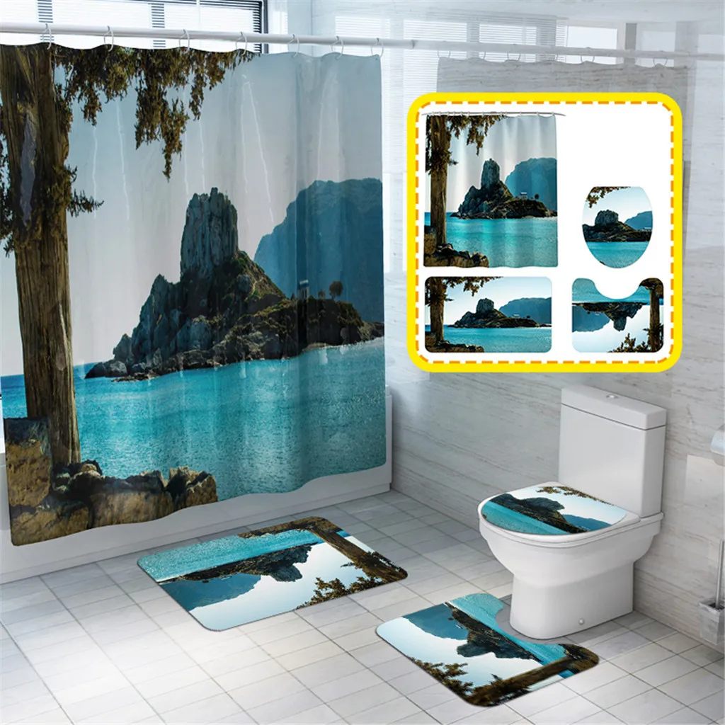 Mountain Landscape Print Shower Bathroom Mat and Shower Curtain Four-Piece Set household accessories for bathroom shower set