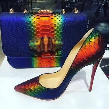 

Sexy Iridescent Snake Leather High Heel Pumps Python Printed Mixed Patchwork Dress Shoes 12cm