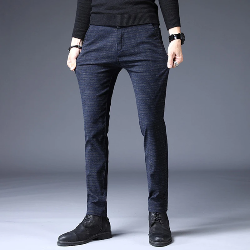 Модные мужские брюки, облегающие, высокое качество, Осень-зима, плотные, деловые, в полоску, плоские, классические, длинные, повседневные, мужские брюки - Цвет: 688 blue