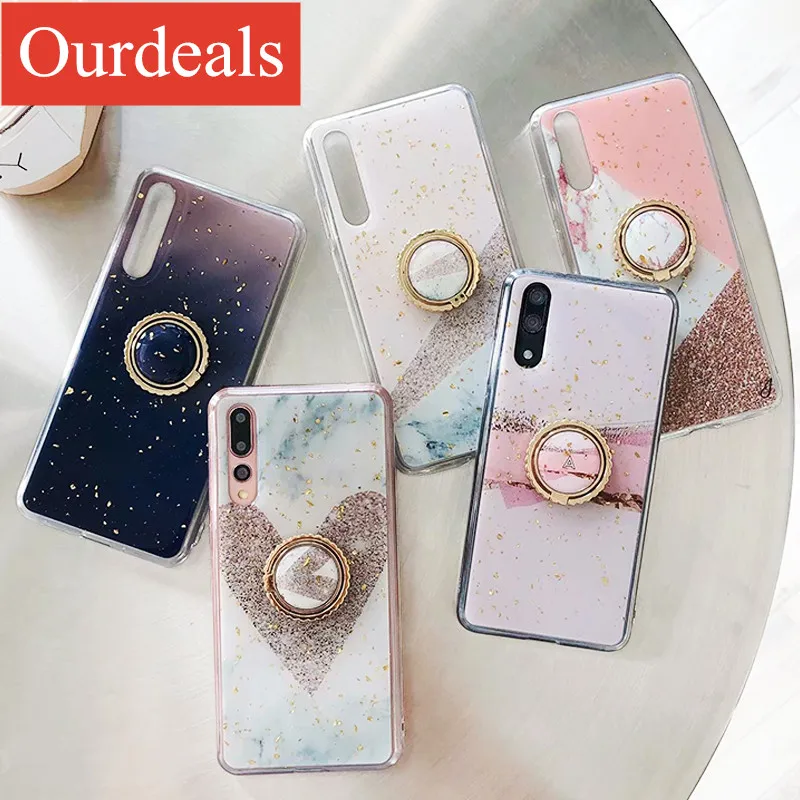 

Ourdeals Marble Case For Samsung Galaxy S10 Plus S10e S9 Note 9 A9 A7 2018 Cover Soft TPU Silicone Coque Ring Stand For iphone 7