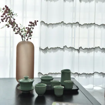 

Chinese Simple Mountain Embroidered Tulle Curtains for Living Room Window Transparent Sheer Bedroom Study Custom Drapes