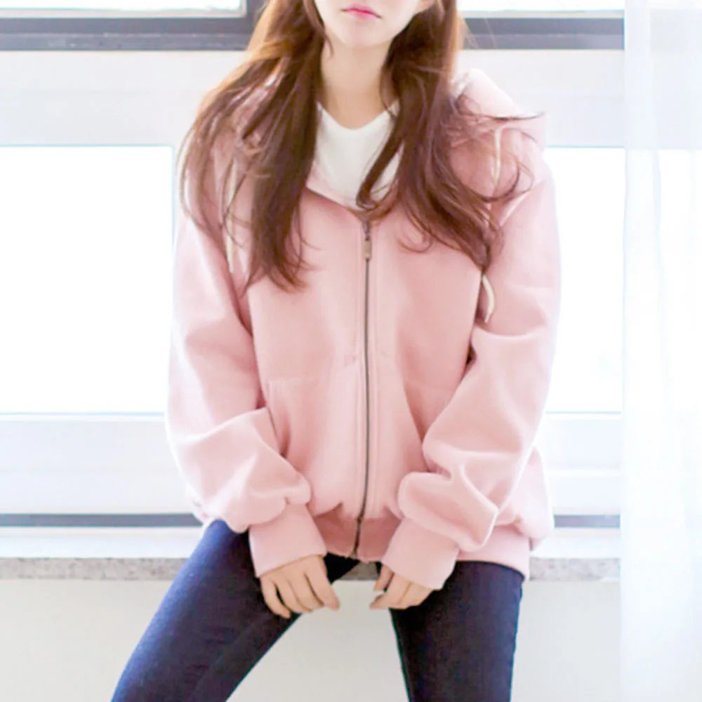 

Winter Jackets Women Hooded Fleece Long Sleeve Loose Casual Zip Pockets Solid Jackets Casual Long Sleeves Feminino Coats Outwear