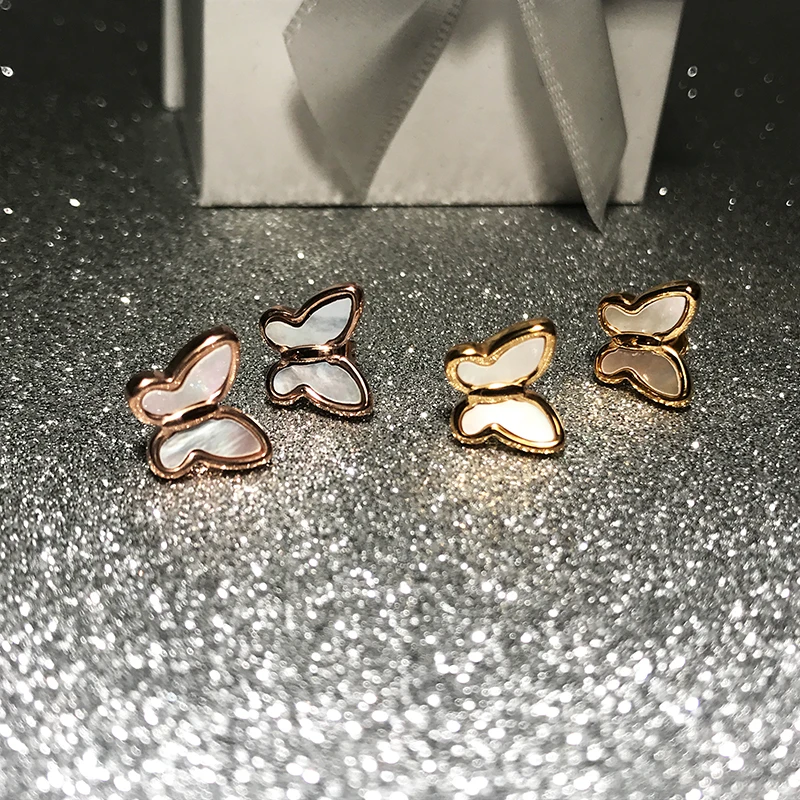 YUN RUO Natural Pearl Shell Butterfly Stud Earring Woman Gold Color Titanium Steel Jewelry Birthday Gift Not Fade Drop Shipping | Украшения