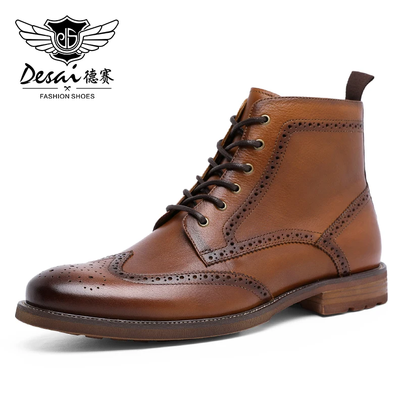 Men Boots Brogue Lace-Up DESAI Vintage Casual Fashion NEW Autumn for Man College-Style