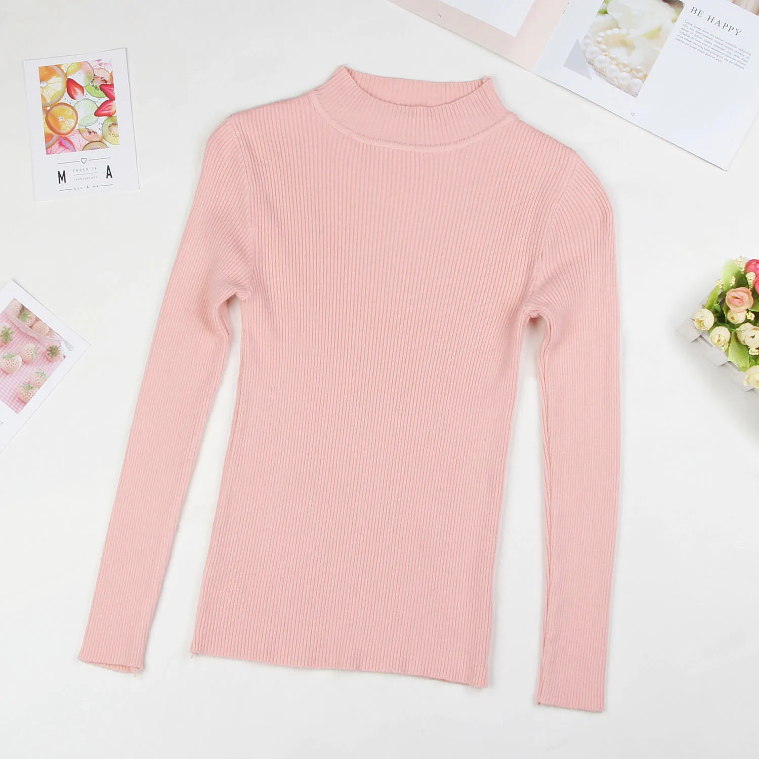 Розовый DeRuiLaDy Fall New Women Turtleneck Sweater Pullover Black Pink Knitted Slim Sweaters Tops Winter Casual Sweater Jumper Top - Цвет: Розовый