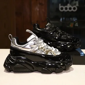 

Women's Leather Fashion Running Shoes Autumn Winter Cotton Shoes Keep Warm Glossy Heightening Shoes I3-54