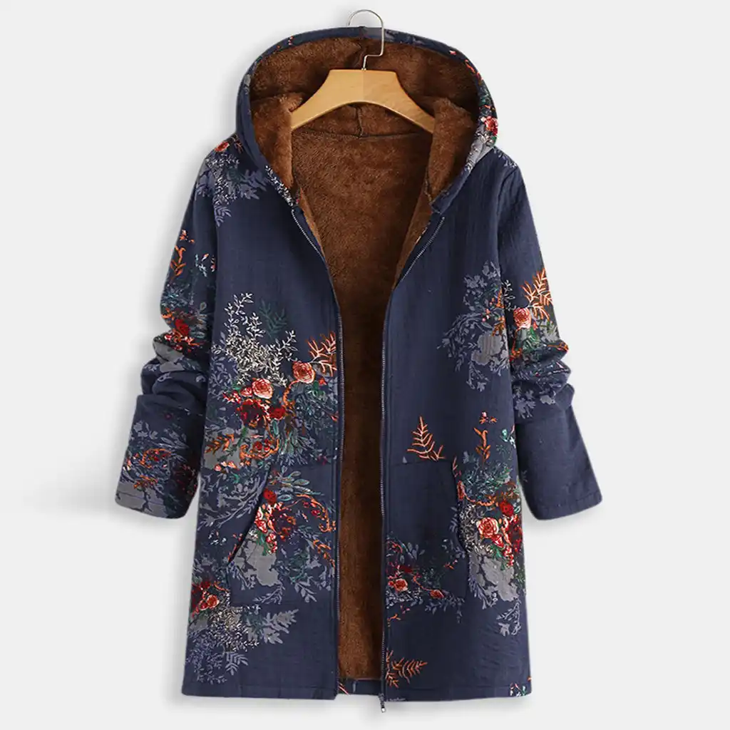 ethnic printed faux fur hooded fleece autumn winter coat