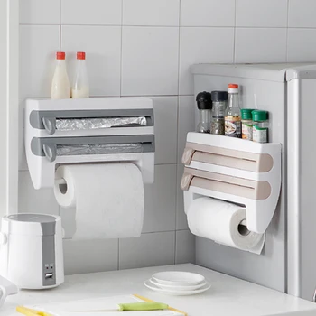 

Kitchen cling film storage rack wrap cutter wall hanging paper towel holder multifunction tin foil partition box