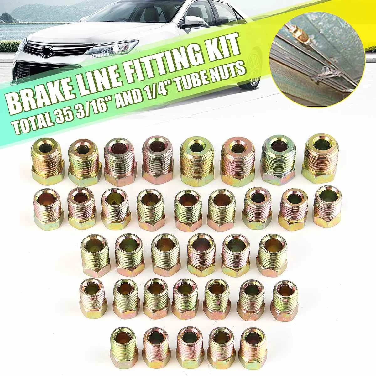 35PCS For Inverted Flare 3/16'' OD and 1/4&quot Copper Nickel Brake Line Tubing Tube Fitting Kit Nuts Iron Plating Zinc |