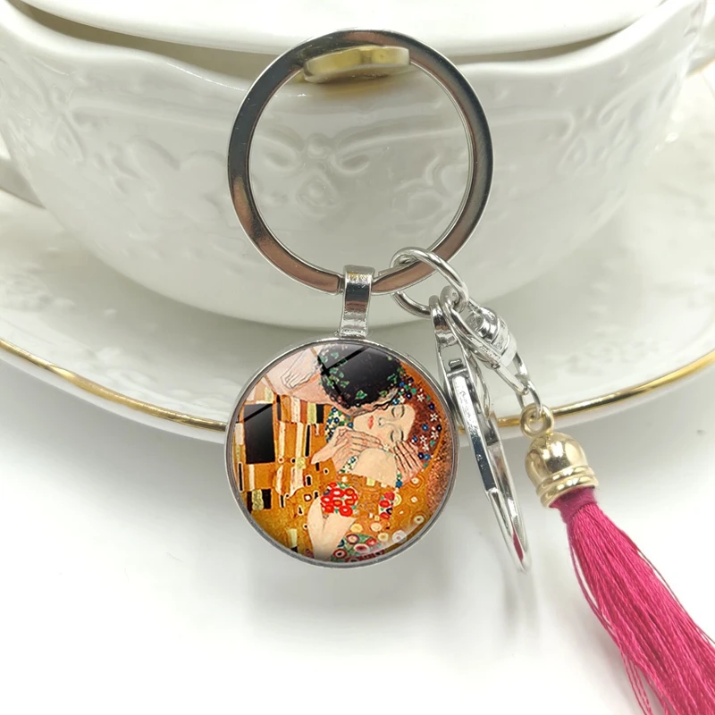 

Hot! 2019 New Key Ring Klimt Kiss Glass Cabochon Pendant Keychain Tassel Hanging Jewelry