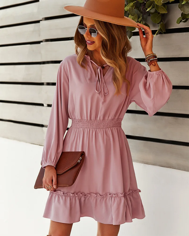 casual long sleeve v neck ruffles mini dress sexy korea fashion