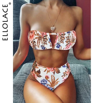

Ellolace Sexy Flower Bandeau Swimsuit Swimwear Women Biquini Strapless Bathing Suit Beach Wear Hollow Out Monokini Beach Wear