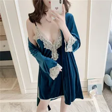 Осень-зима Для женщин одежда для сна пикантный Халат Robe комплекты из бархатного плюша 2 шт. пижамный комплект с принтом человека-кружевная ночная сорочка халаты одежда для сна