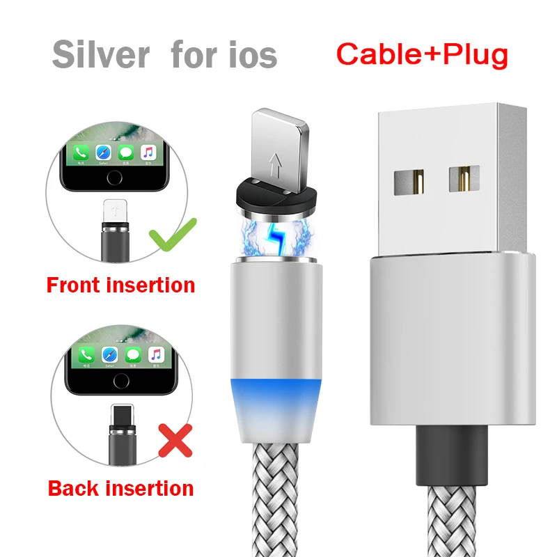 Магнитный Зарядное устройство usb кабель 1 м Микро Тип type-C USB для Iphone 6/7/8 X HuaweiXIAOMI USB кабель для зарядки или передачи данных со штекером супер Зарядное устройство кабель - Цвет: Silver for IOS