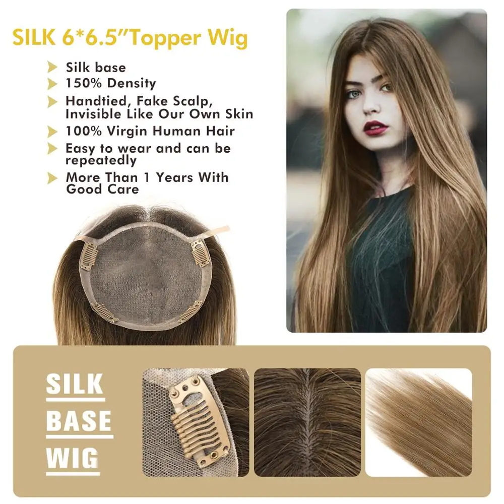 Base de Seda Superiores do Cabelo para as Mulheres em Linha Partes Reta Remy Natural Cabelo Humano Topper Perucas 16 20 6*6.5 150% Densidade Fedex Entrega mw