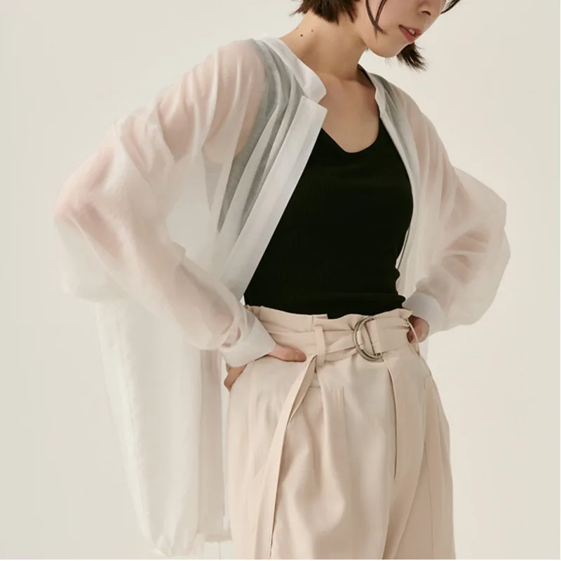 

[EWQ] 2019 Summer New Pattern Office Lady Style Full Sleeve Thin Section Transparent Chiffon Stand Collar Cardigan Shirt AF920