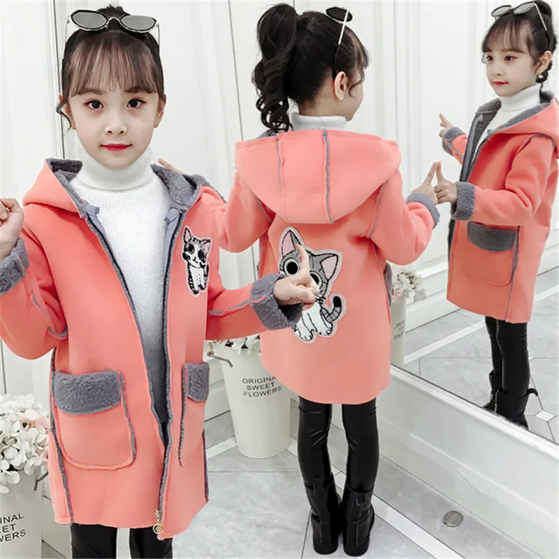 Плотная Шерстяная Куртка для девочек модная детская верхняя одежда с рисунком кота теплое зимнее пальто для девочек, куртка Новогодняя одежда для девочек, пальто - Цвет: pink