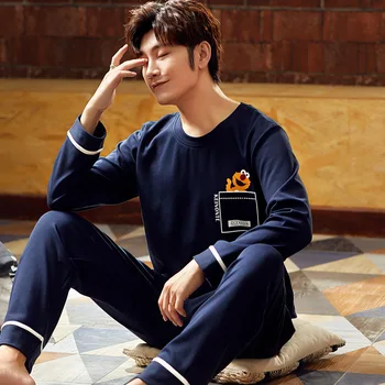 

Pure Cotton Men's Pajamas Long-sleeved Pyama Woman Set Trousers Two-piece Suit Plus Size Pajamas Spring and Autumn Home Suit