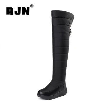 

RJN New Casual Over-the-knee Boots Winter Warm High Quality Handmade Boots Lace-up Anti-skid Platform Shoes Women Black RO386