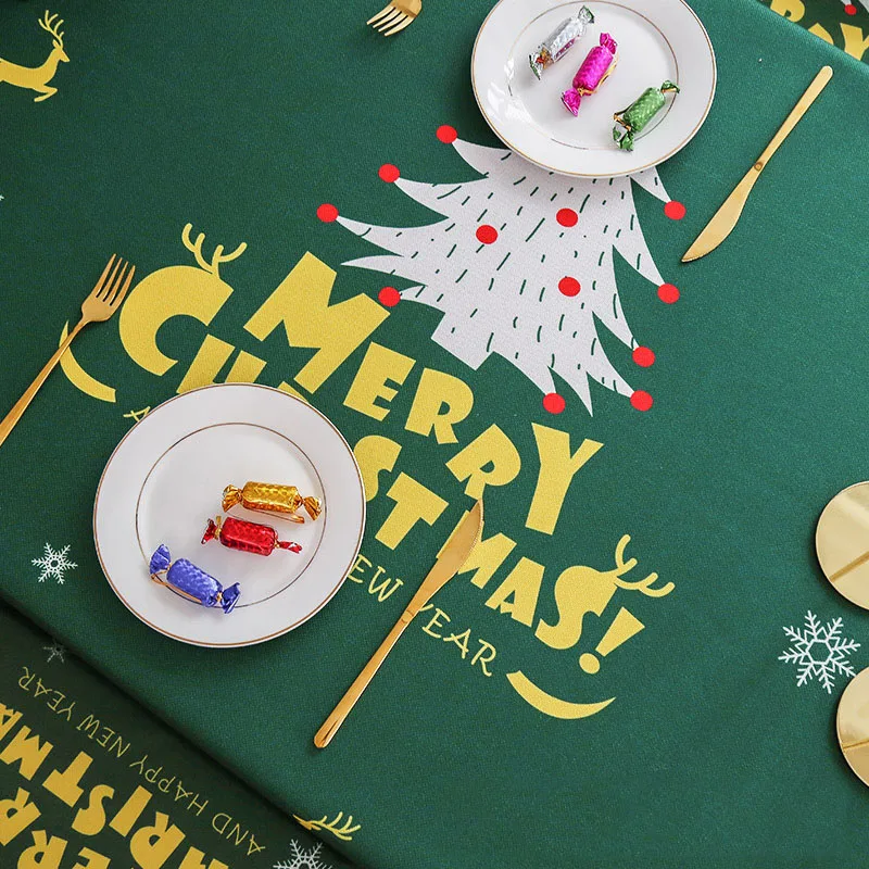 Рождественская скатерть с изображением Красного лося, скатерть из хлопка и льна, покрытие для стола, золотой, зеленый цвет, для столовой, свадьбы, Нового года, toalha de mesa