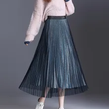 Korean Fashion Pleated Skirts Elegant Woman Mesh Skirt Woman High Waist Midi Skirts Faldas Mujer Moda Woman Sequin Long Skirt OL