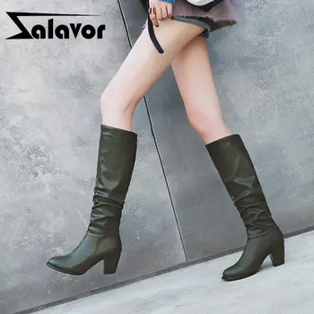 

ZALAVOR Women Pu Leather Round Toe Knee High Boots Chunky Heels Slip On Long Boots High Quality Work Shoes Woman Size 34-43