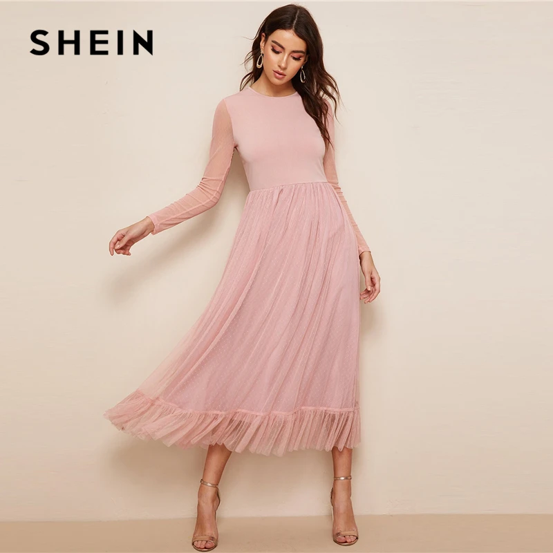 SHEIN Расклешенное Сетчатое Платье С Оборками Летнее Платье С Круглым Вырезом И Длинным Рукавом