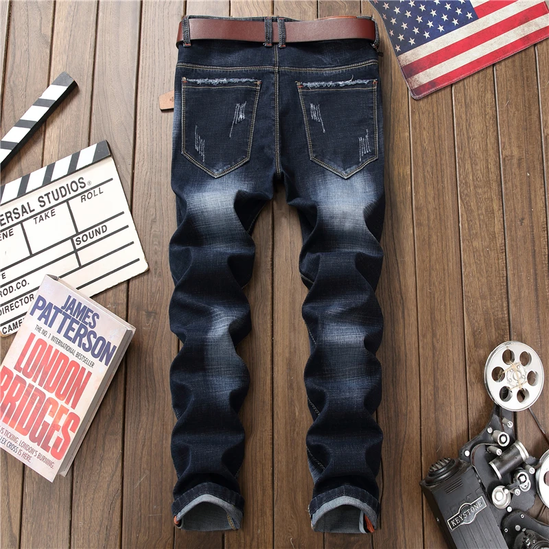 Male hole badge embroidery style denim trousers pants Fashion New Men's Casual Slim Patch Jeans Dropshipping