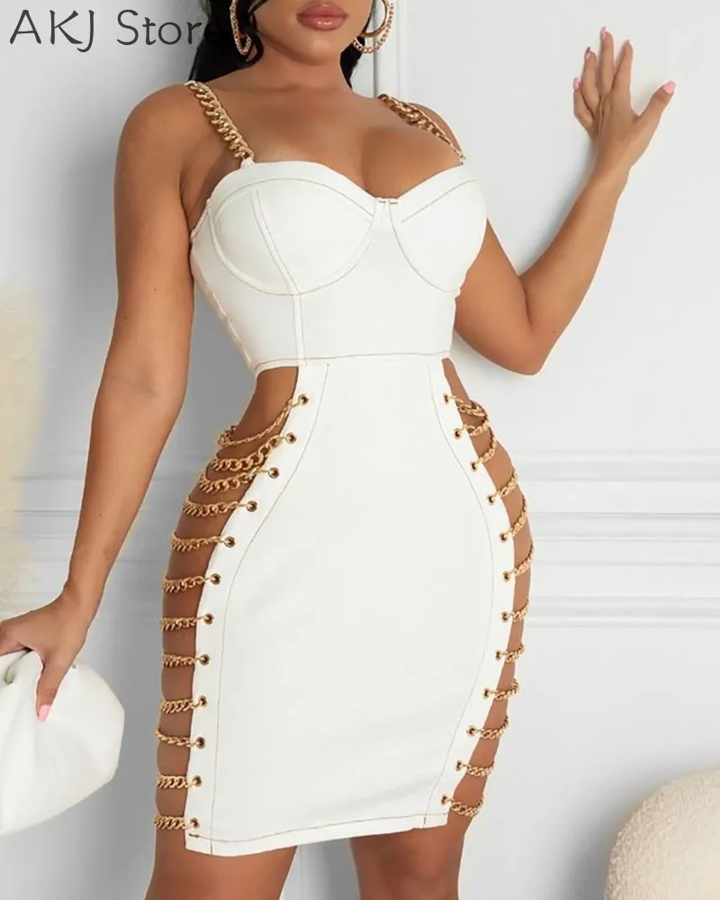 Eyelet Chain Hollow Corset Sleeeveless Bodycon Dress Women Sexy Spaghetti Strap Backlesss Mini Dress white dresses for women