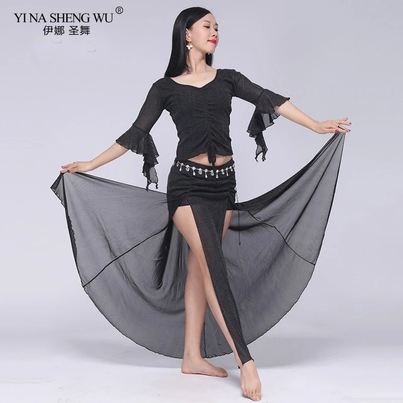 

Women Belly Dance Practice Costumes Half Sleeve Dance Clothing 2pcs Set Top+Skirt With Underpants Belly Dancewear Suit for Girls