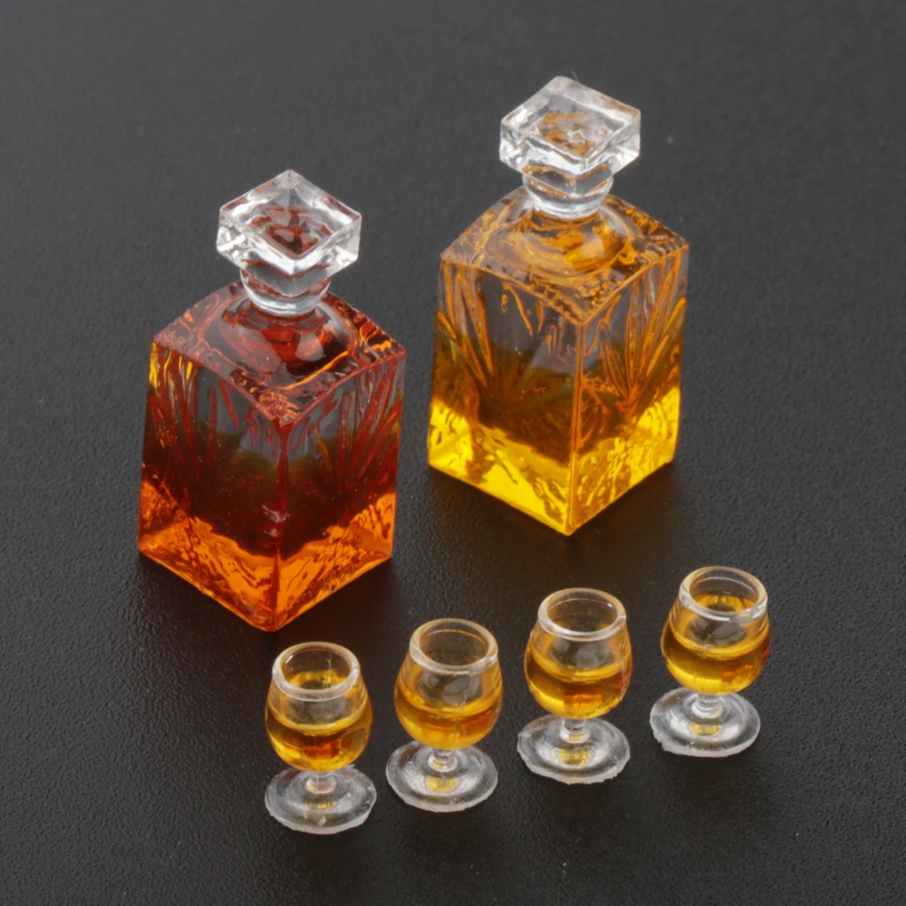 6pcs 1:12 Miniature Whisky Bottles Model Dollhouse Foods Groceries Kitchen Fairy Garden Decorations with Cups Pub Bar Model Toys