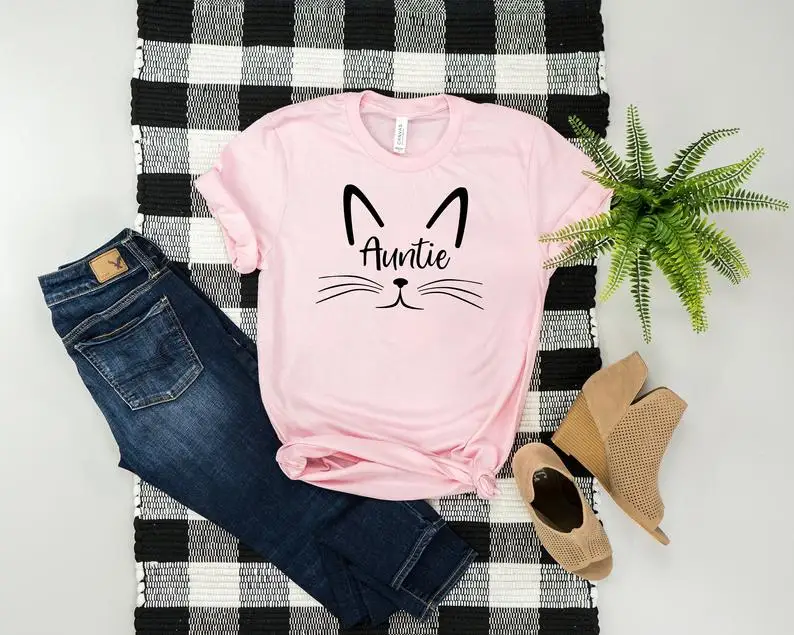 Женская розовая футболка Auntie Cat Face, Забавные футболки из чистого хлопка, топы с круглым вырезом и короткими рукавами, летние футболки для девушек