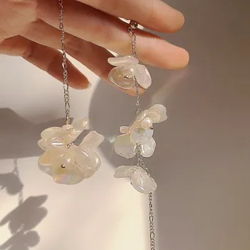 

MENGJIQIAO 2020 New Korean Elegant Asymmetric Acrylic Flower Long Tassel Drop Earrings For Women Pendientes Party Jewelry
