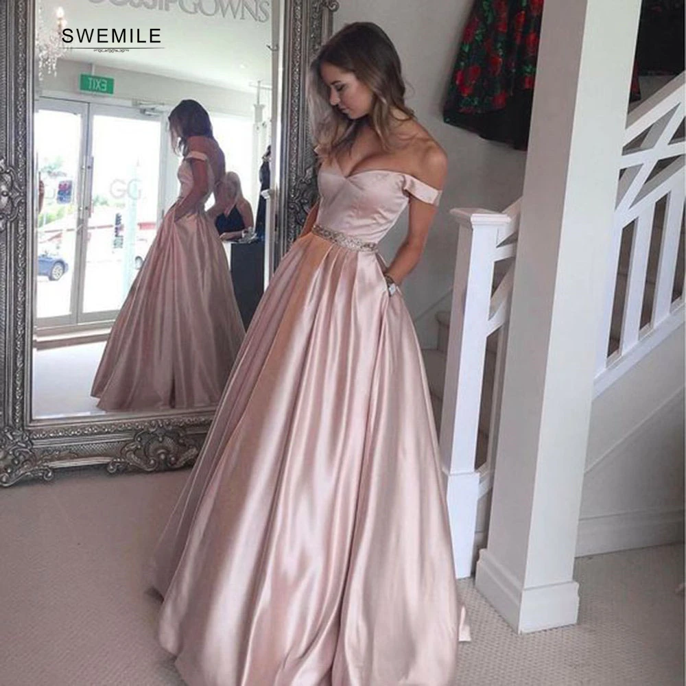 

Sexy Deep V-Neck Prom Dresses Long 2019 Sexy Off The Shoulder Satin Prom Gowns with Pockets Backless Evening Party Dresses